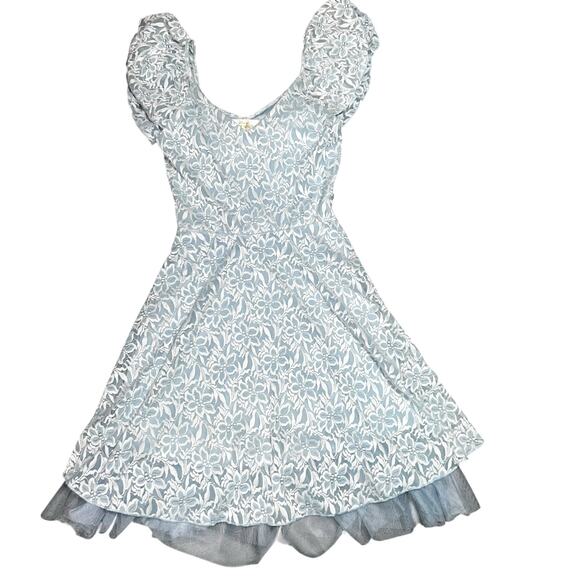 Disney Cinderella Lace Dress Baby Blue Floral Ruffle Flutter Sleeve Tulle Hem SM - Picture 3 of 9